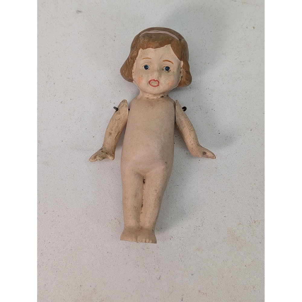 Vintage Composition Girl Play‎ Doll Nude Brown Wavy Hair Blue Eyes Marked Back